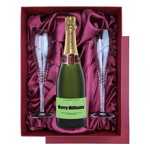 Personalised Champagne - Green Label in Red Luxury Presentation Set With Flutes